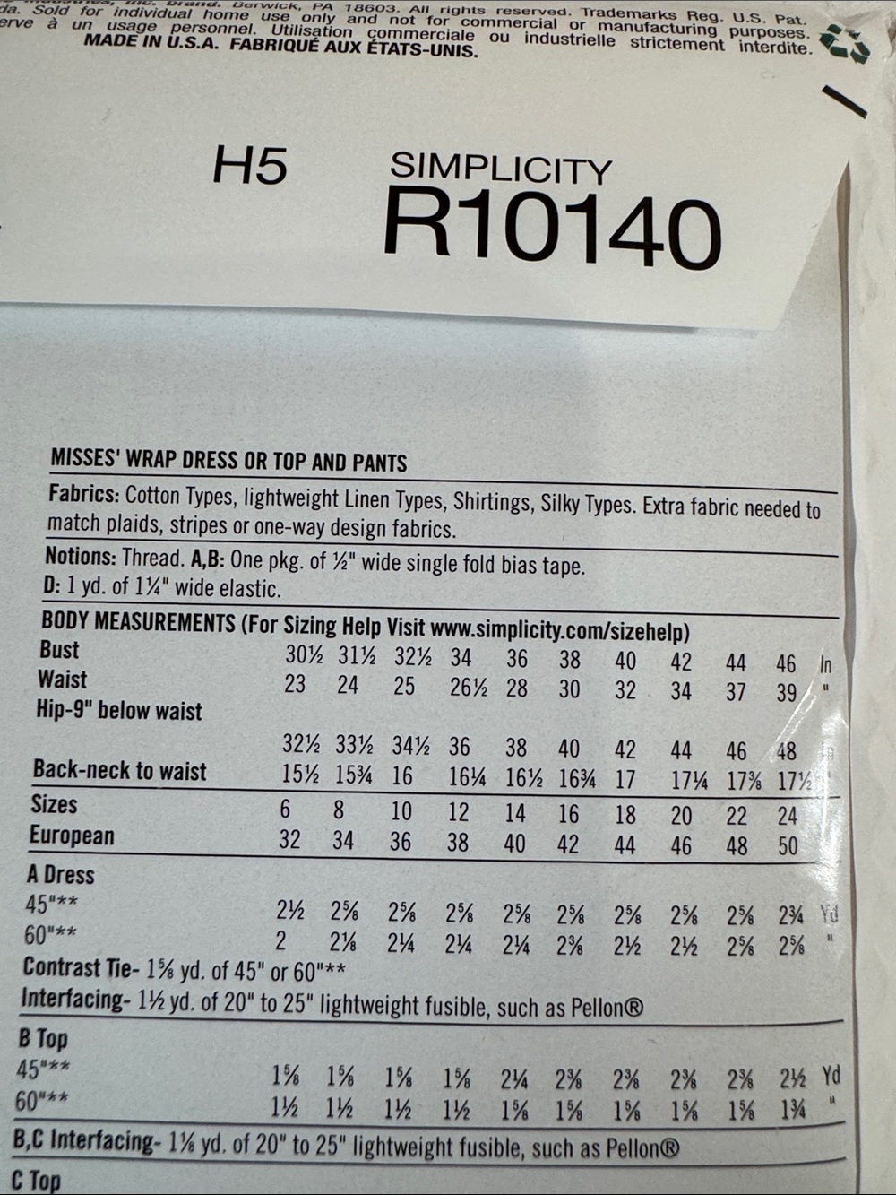 Simplicity R10140 Sewing‎ Pattern New and Uncut - Picture 4 of 5